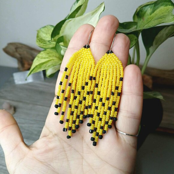 Yellow & Black Beaded Fringe Dangle Earrings, Seed Bead Jewelry 3.5" - Picture 5 of 6